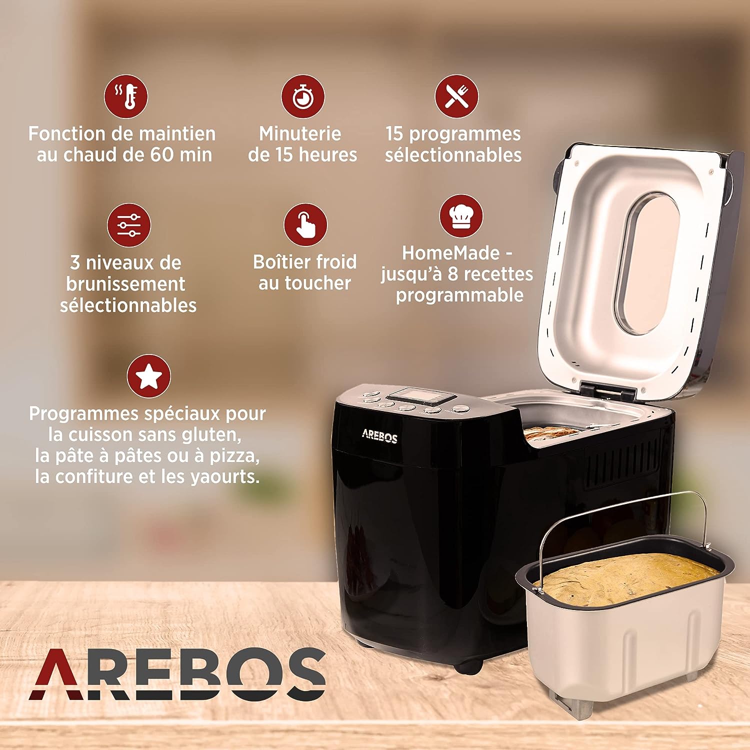 Machine à pain Arebos noire ouverte avec sa cuve et le détail de ses fonctions, dont le mode HomeMade