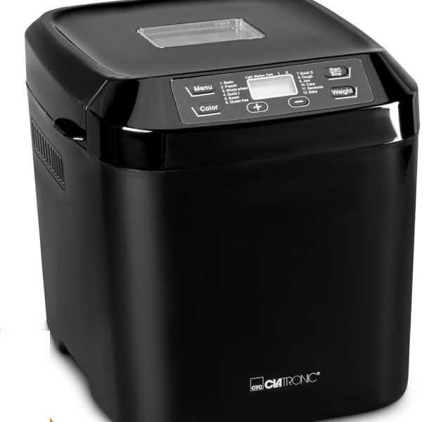 Clatronic BBA 3774 vue de trois quarts, coque noire brillante, fente de ventilation latérale et écran LCD encadré par les touches Menu, Color, Start Stop et Weight