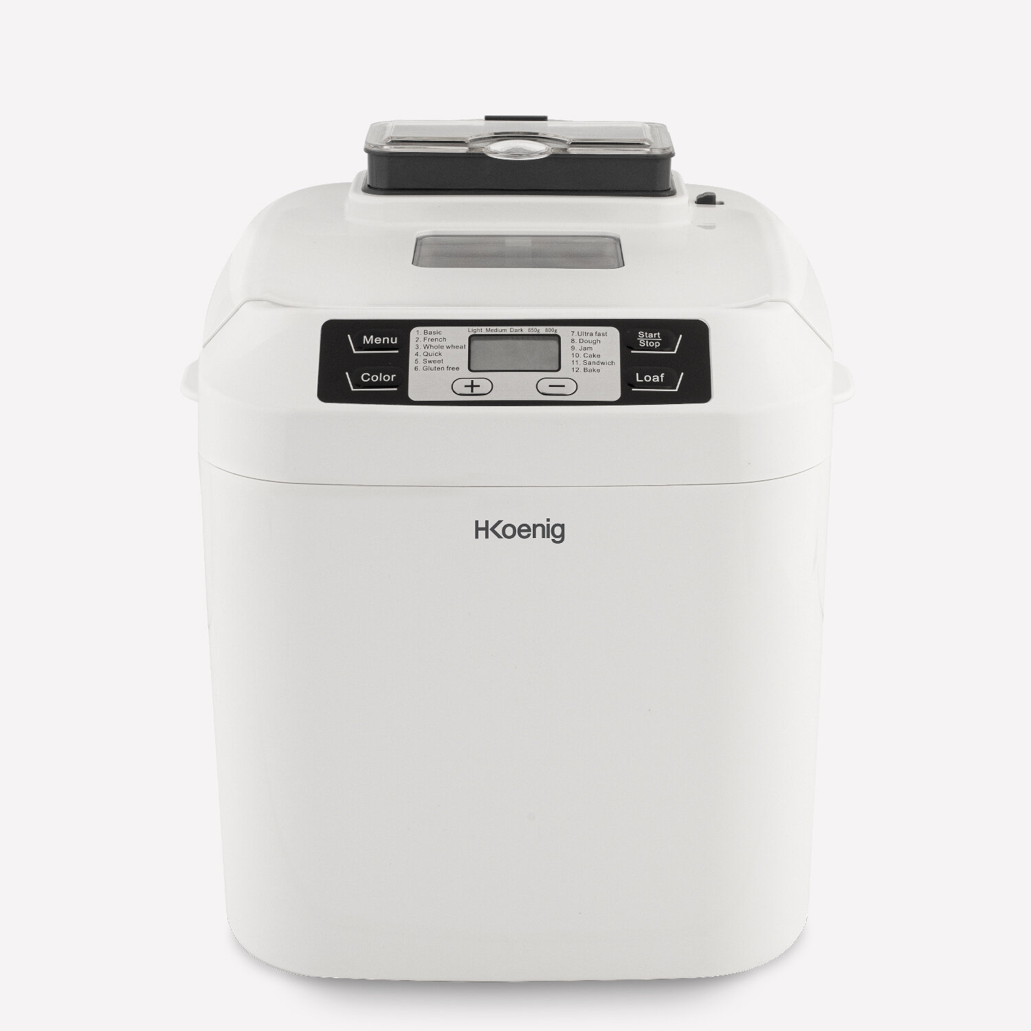 Machine à pain H.Koenig BAKE340 blanche de face, bac distributeur transparent sur le couvercle et bandeau listant les 12 programmes en deux colonnes