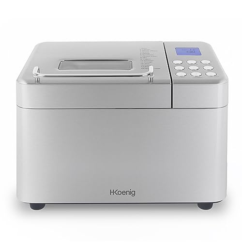 Machine à pain H.Koenig BAKE440 vue de face, corps clair, hublot rectangulaire sur le couvercle et bandeau de commande à droite avec écran LCD bleu