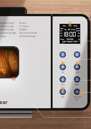 Bandeau de la Karinear MBF-014A avec écran LCD affichant 500g 750g 1000g, touches Loaf, Color, Menu et Start Stop Pause, et hublot montrant la miche