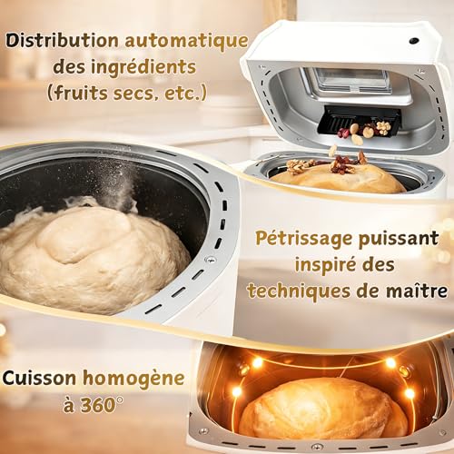 Visuel officiel montrant la trappe du distributeur qui laisse tomber des fruits secs dans la pâte, et la chambre de cuisson éclairée à 360 degrés