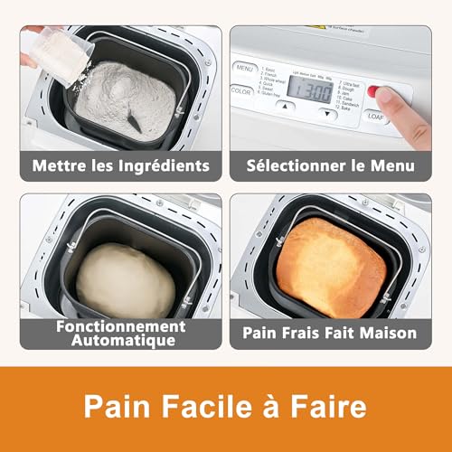 Les quatre étapes en images, mettre les ingrédients, sélectionner le menu sur le bandeau, laisser tourner, sortir le pain frais du moule