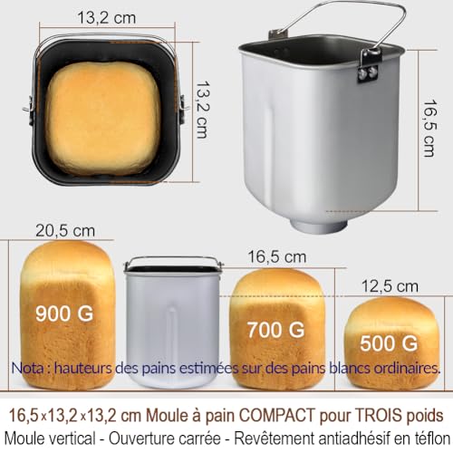 Moule vertical carré de la KITCHENARM coté 16,5 sur 13,2 cm, avec les hauteurs de miche comparées pour 500, 700 et 900 g