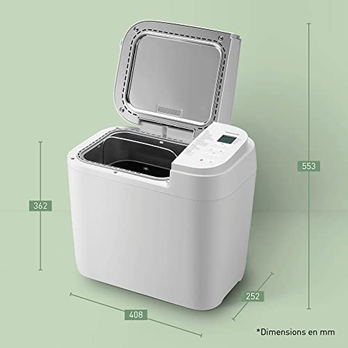 Schéma coté de la Panasonic SD-B2510WXE : 408 mm de large, 252 mm de profondeur, 362 mm de haut et 553 mm couvercle ouvert