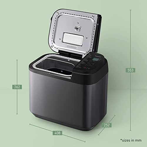 Schéma coté de la Panasonic SD-YR2540 couvercle ouvert : 408 mm de large, 252 mm de profondeur, 362 mm de haut et 553 mm couvercle relevé