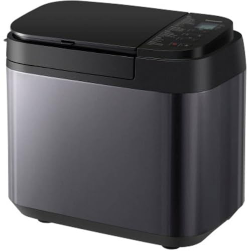 Machine à pain Panasonic SD-YR2540 gris foncé de trois quarts, couvercle plein avec la trappe du distributeur de fruits et le bandeau de commande à droite