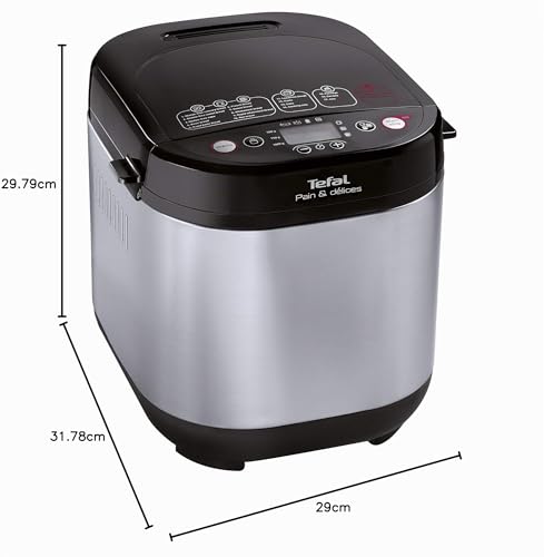 Schéma coté de la Tefal PF240E38 : 29 cm de large, 31,78 cm de profondeur et 29,79 cm de hauteur, corps inox et couvercle noir