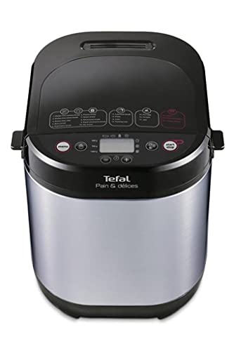 Machine à pain Tefal PF240E38 Pain et Délices vue de face, corps en inox brossé, couvercle noir plein sans hublot et bandeau tactile avec écran LCD