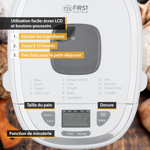 Bandeau de la TZS First Austria FA-5150-3 avec les 13 programmes numérotés, l'écran LCD et les touches Menu, Time, Size, Browning et Start Stop