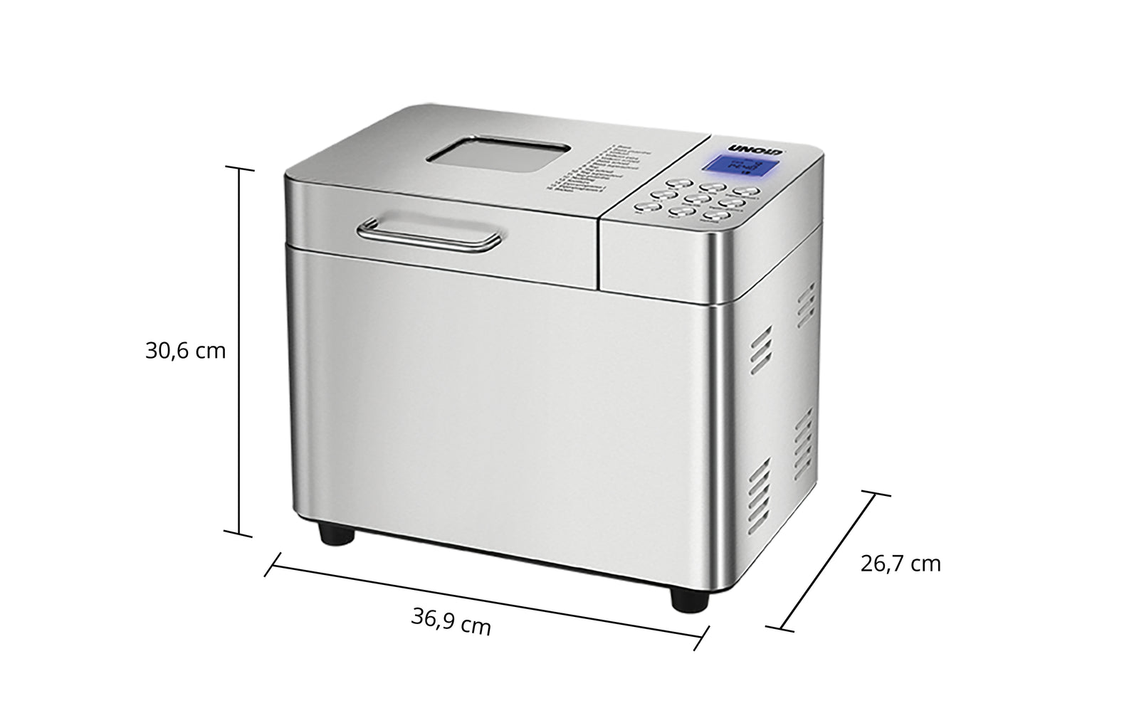Schéma coté de l'Unold Backmeister Edel : 36,9 cm de large, 30,6 cm de haut et 26,7 cm de profondeur