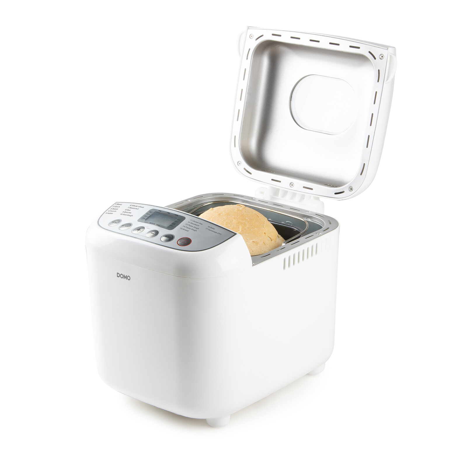 Domo B3976 couvercle ouvert, pâton posé dans le moule à revêtement céramique, bandeau de commande et écran LCD visibles