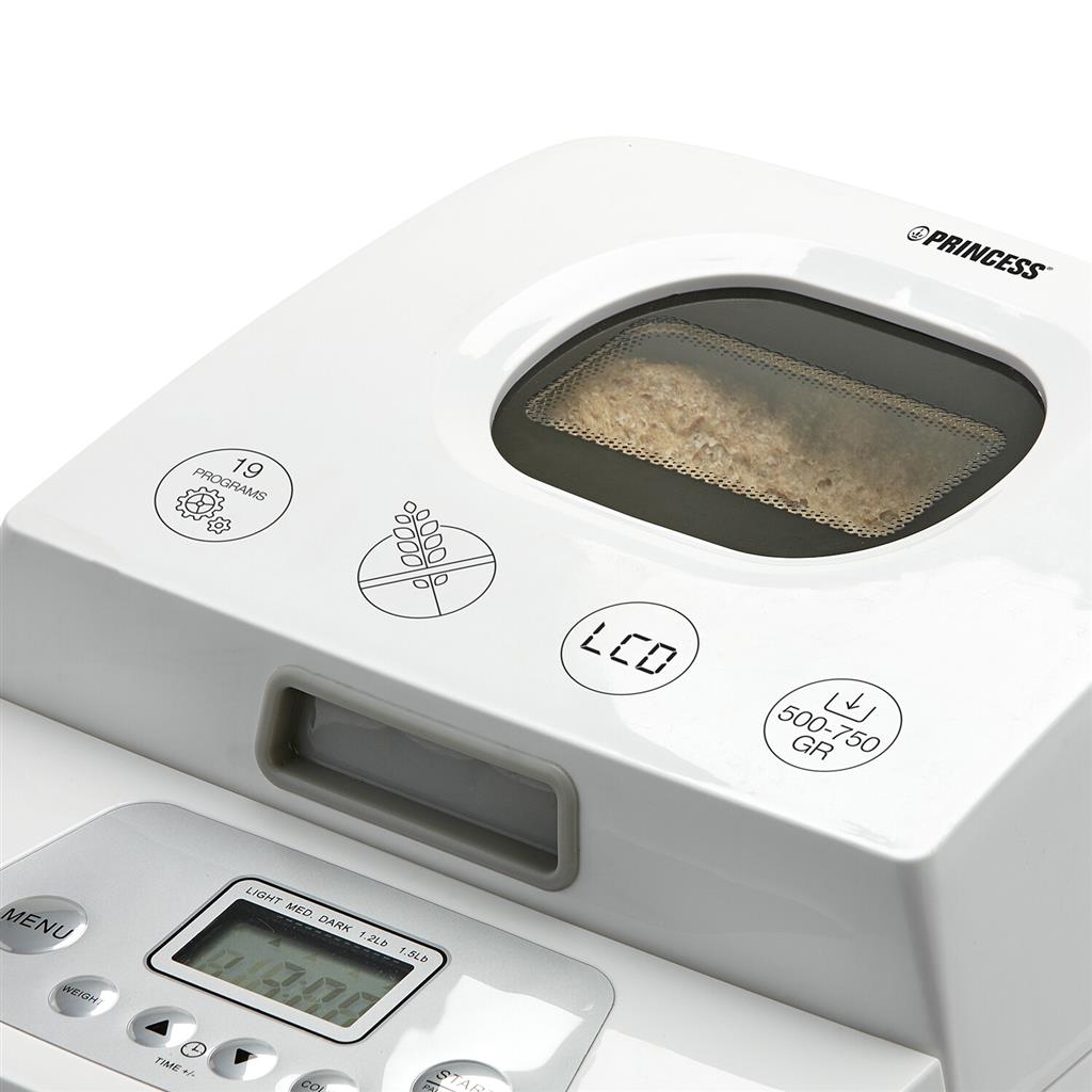 Couvercle de la Princess 152007 avec les pictogrammes 19 programmes, épi de blé barré, LCD et 500-750 GR, pain visible derrière le hublot