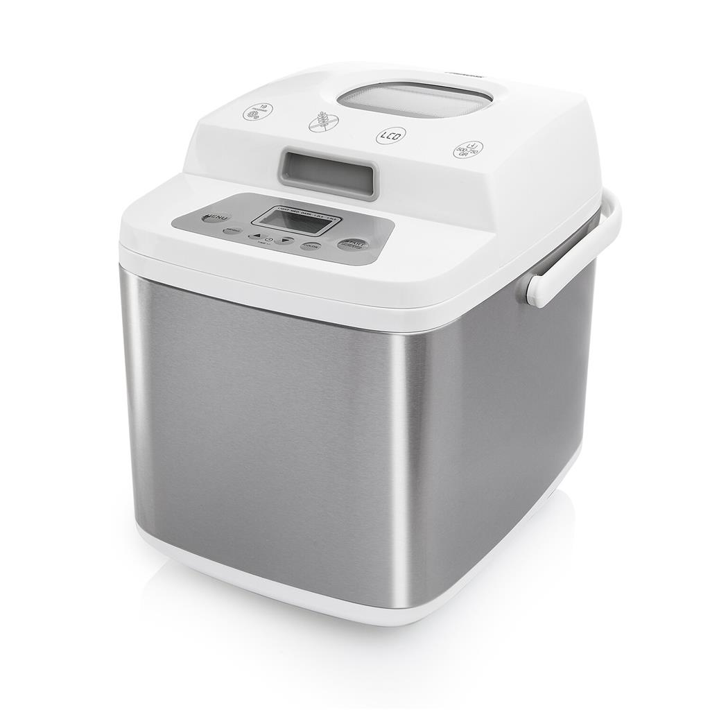 Machine à pain Princess 152007 Homemade Deluxe de trois quarts, corps en inox brossé, couvercle blanc avec hublot rectangulaire et bandeau LCD